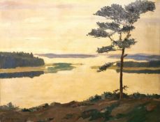 Olaf Nylund, oil on canvas, Lake Inari, Finland, signed and label verso. H.57 W.70cm.
