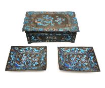 An early 20th century cedar lined Chinese export cloisonné enamel repoussé work box and matching pin