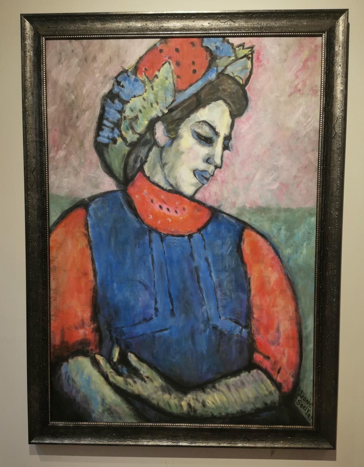 After Alexej von Jawlensky, Russian (1864 - 1941), an oil on canvas depicting a lady wearing a fruit - Image 2 of 4