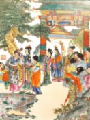 A framed 19th century Chinese hand painted porcelain plaque depicting a scene of the Dream of Red