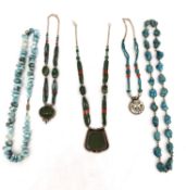 A collection of Turquoise, Silver and Coral Tibetan jewellery, including two silver and turquoise