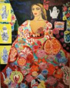 Wilma Johnson, British (1960-), large oil on canvas, 'My Fantastic Kimono', signed Wilma, 2002.