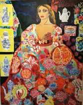 Wilma Johnson, British (1960-), large oil on canvas, 'My Fantastic Kimono', signed Wilma, 2002.