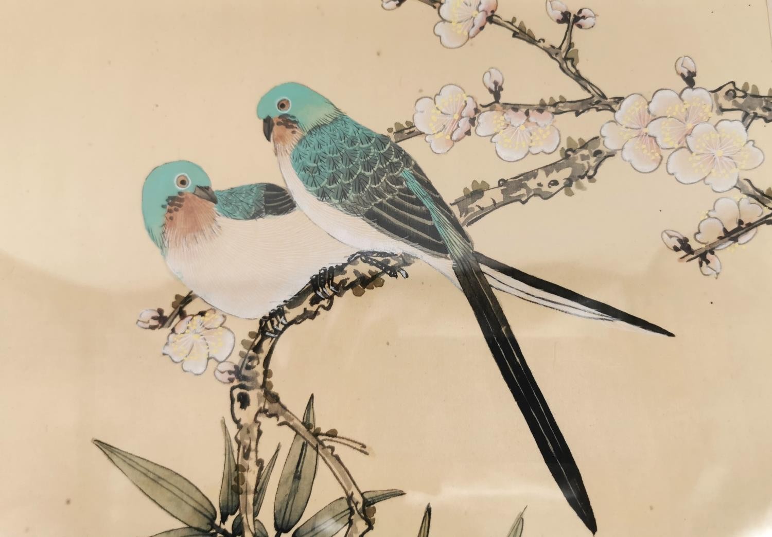 An early 20th century framed and glazed Japanese gouache on silk of two long tailed birds in a - Image 3 of 7