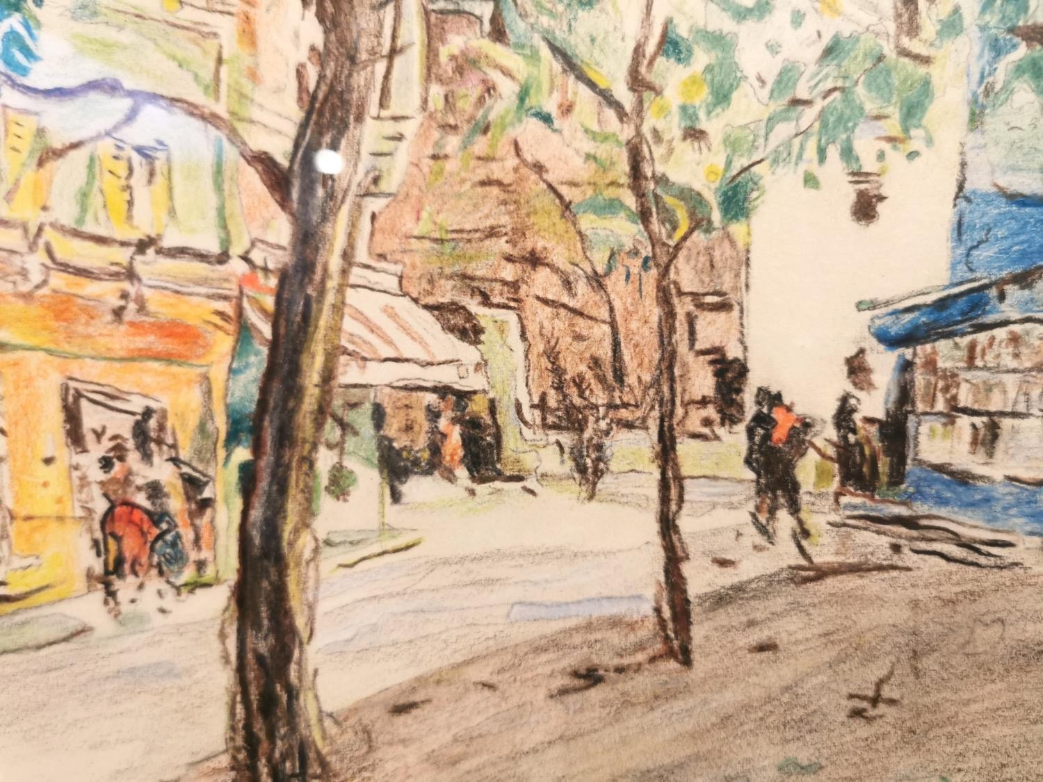 A framed and glazed 20th century coloured pencil sketch of Montmartre street scene with figures. - Image 9 of 9