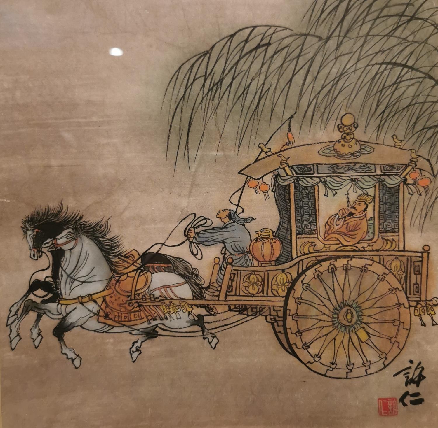 Two 20th century Japanese ink paintings on paper. One of a procession with dignitary on horse back - Image 3 of 11