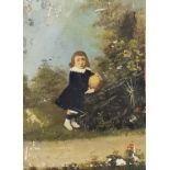 A miniature oil on board, overpainted photo of a 19th century child holding a ball, sits on a