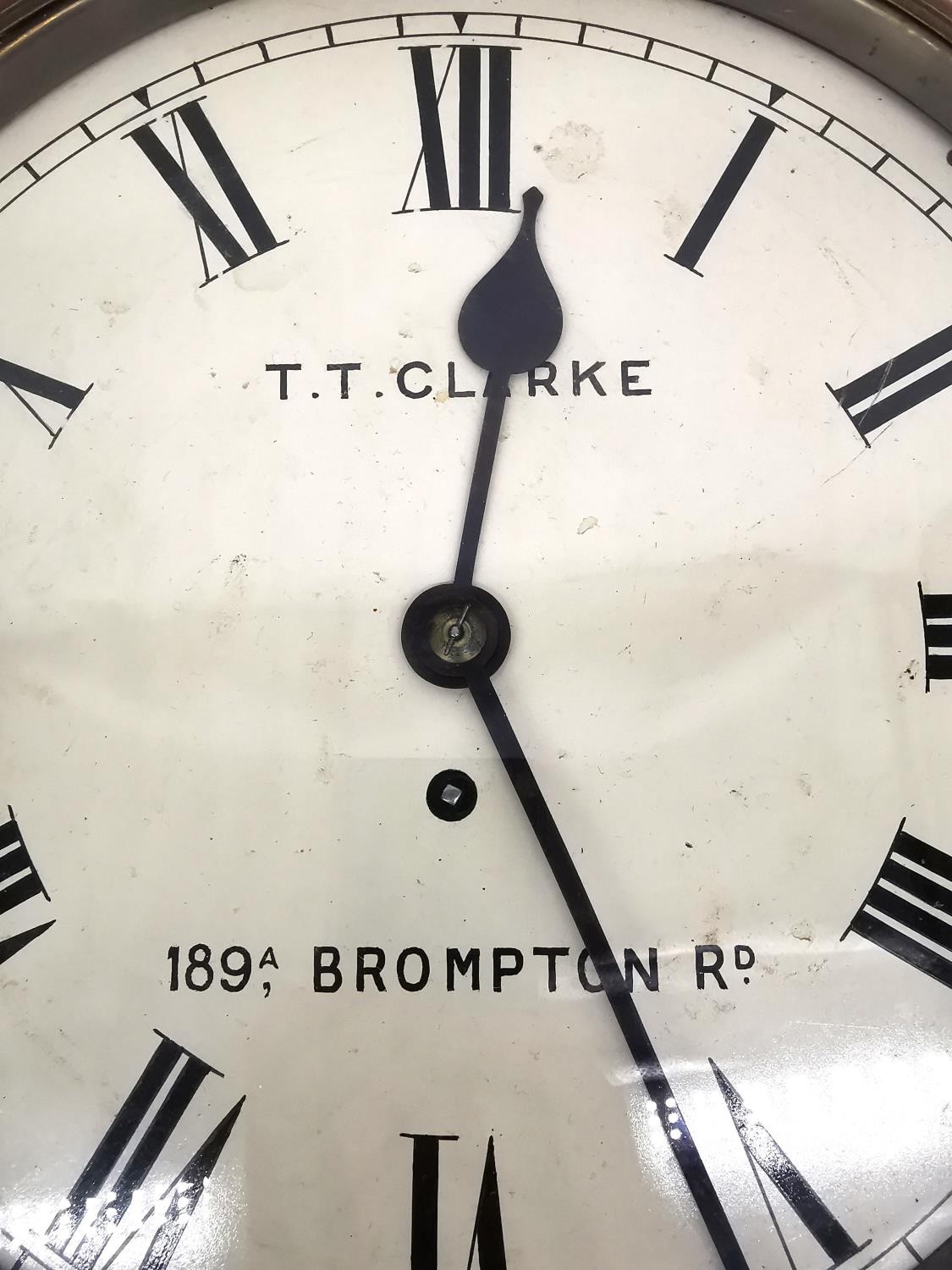 An early 20th century mahogany wall clock the dial signed for T T Clarke, 89A Brompton Road. H.15 - Image 3 of 14