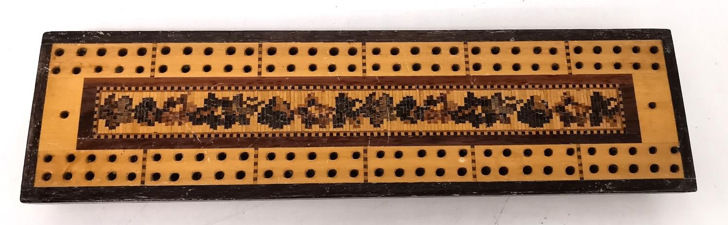 An early 20th century marquetry folding book slide and cribbage board. The book slide with classical - Image 8 of 9
