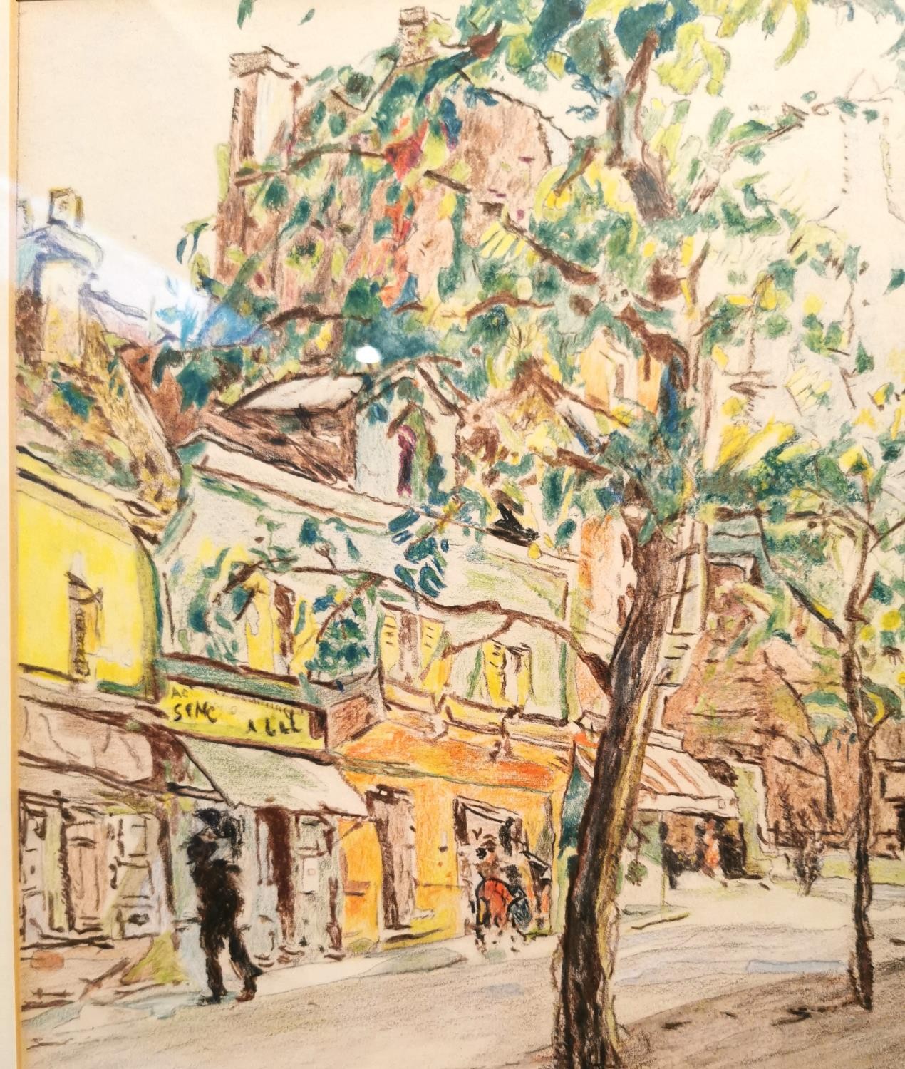 A framed and glazed 20th century coloured pencil sketch of Montmartre street scene with figures. - Image 4 of 9