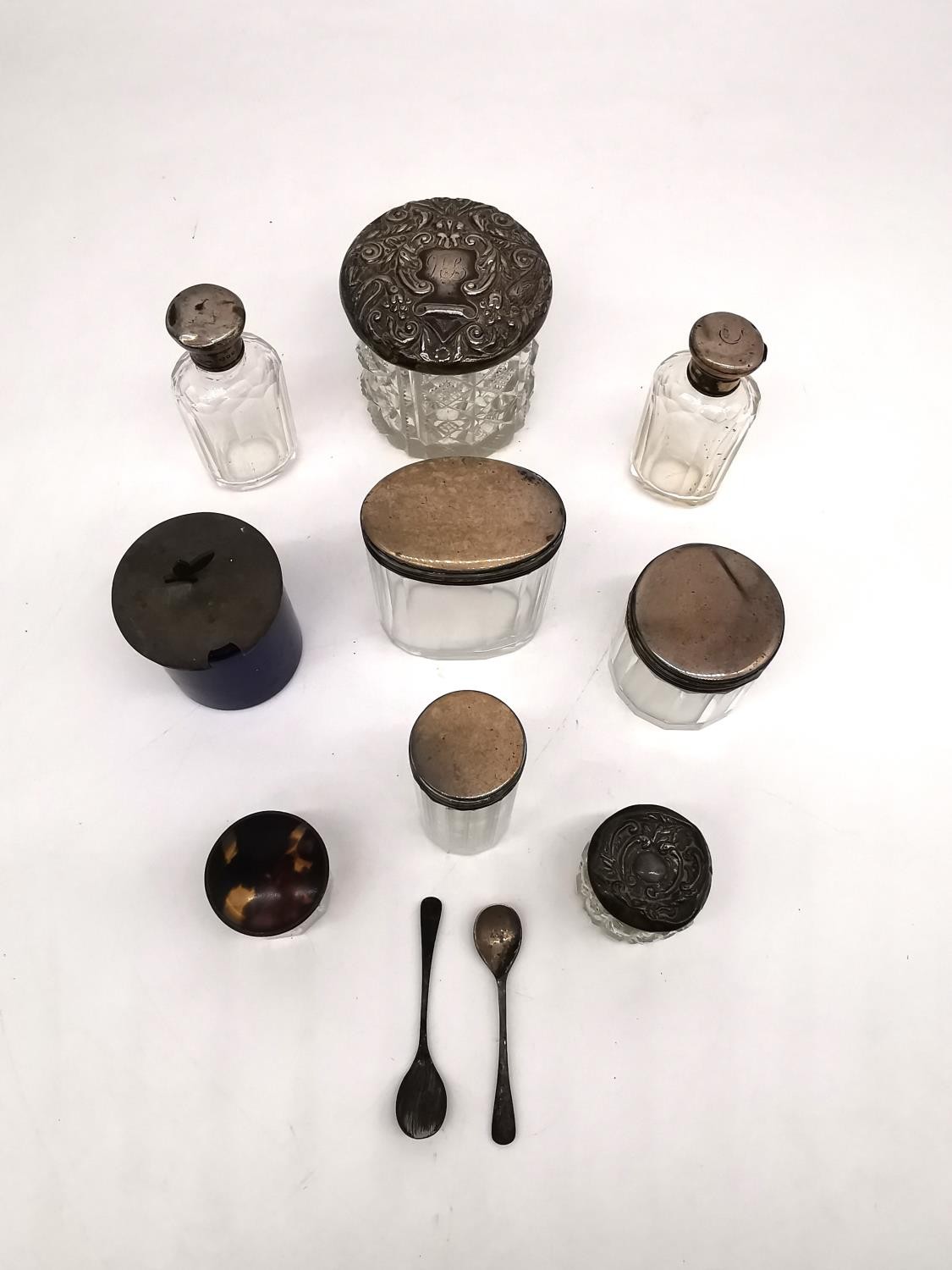 A collection of nine silver topped glass dressing table jars and bottles with two silver salt - Image 2 of 14
