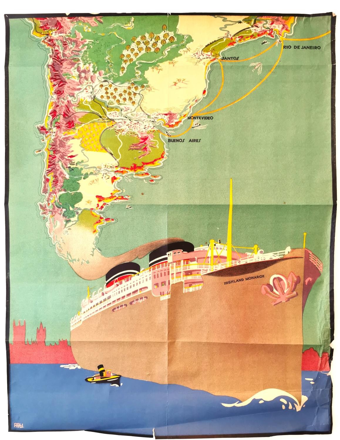 Nelson-Line to South-America - Highland Monarch early 20th century travel poster, showing map with - Image 2 of 9