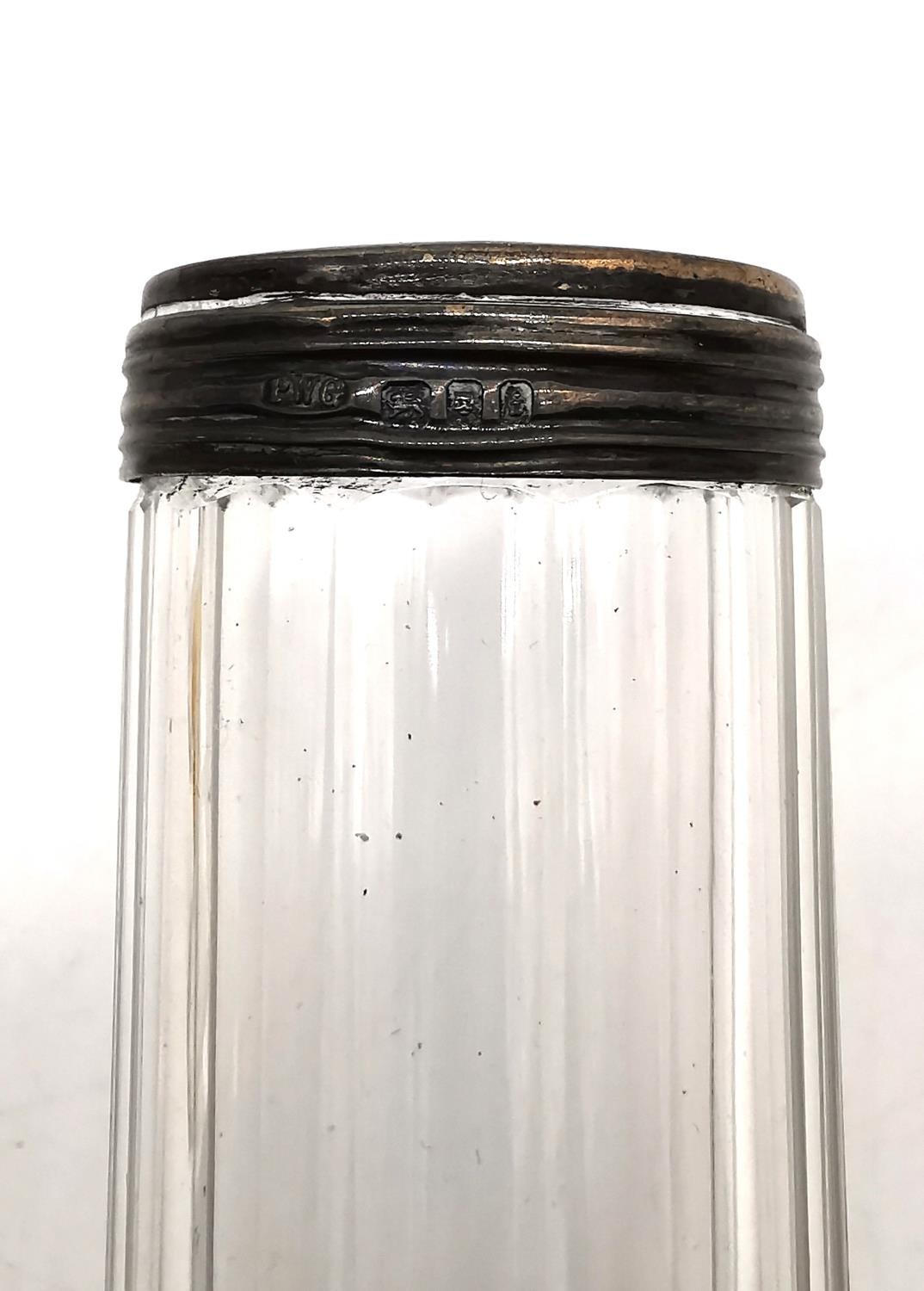 A collection of nine silver topped glass dressing table jars and bottles with two silver salt - Image 7 of 14