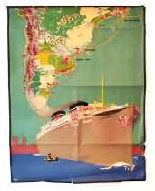 Nelson-Line to South-America - Highland Monarch early 20th century travel poster, showing map with