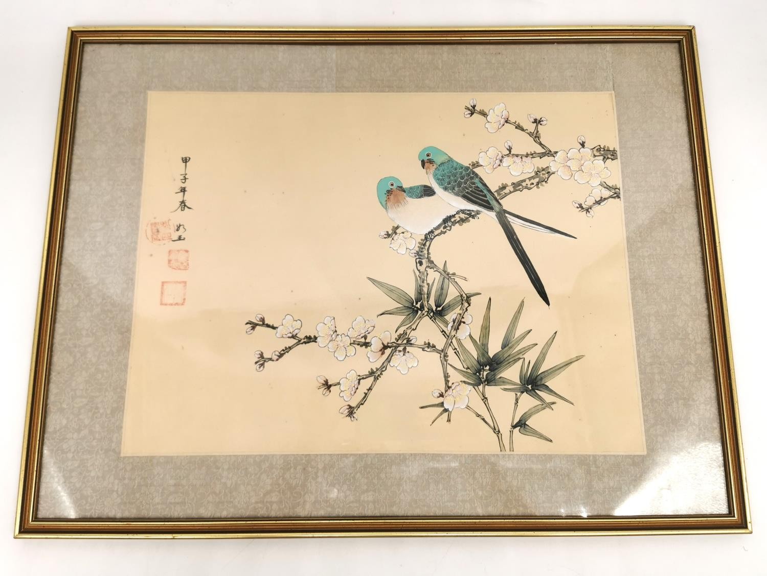 An early 20th century framed and glazed Japanese gouache on silk of two long tailed birds in a - Image 2 of 7