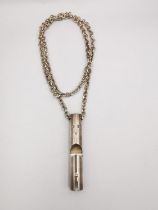 A white metal (tested as silver) brutalist style cylindrical pendant and oval link chain.