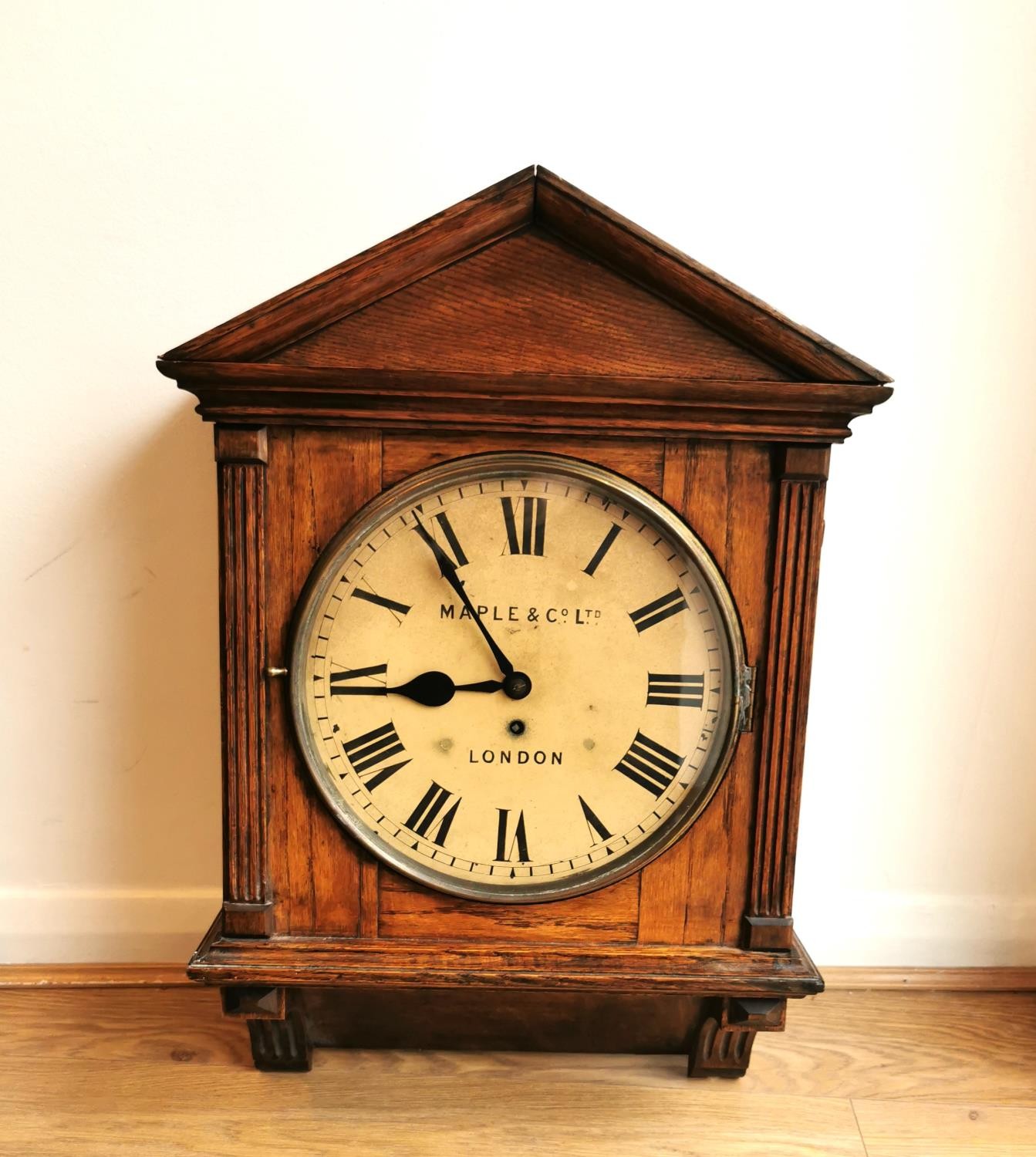 An early 20th century mahogany architectural design wall clock, the circular painted dial signed - Image 5 of 5
