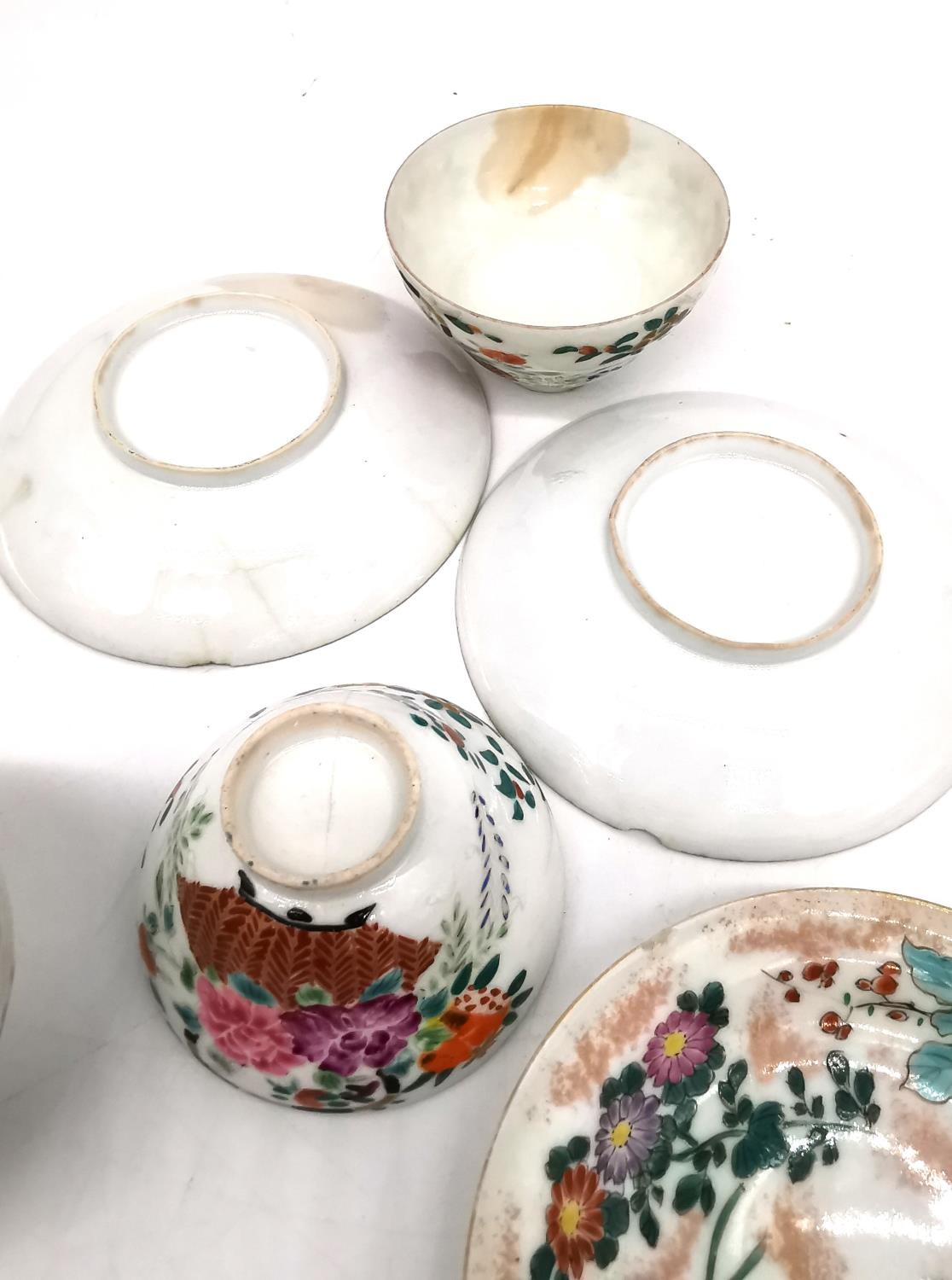 A collection of four Famille rose style egg shell porcelain hand painted tea bowls and three - Image 7 of 7