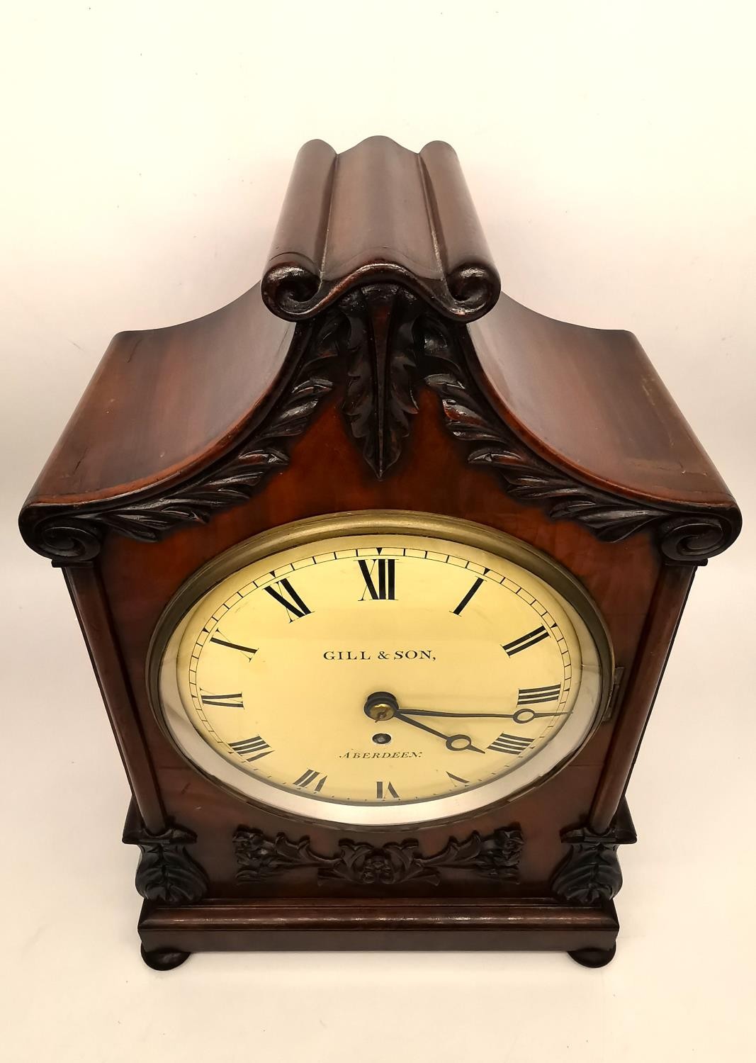 A 19th century mahogany mantle clock by Gill & Son of Aberdeen, brass movement and painted dial with - Image 3 of 13