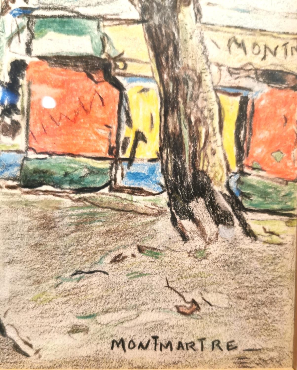 A framed and glazed 20th century coloured pencil sketch of Montmartre street scene with figures. - Image 3 of 9