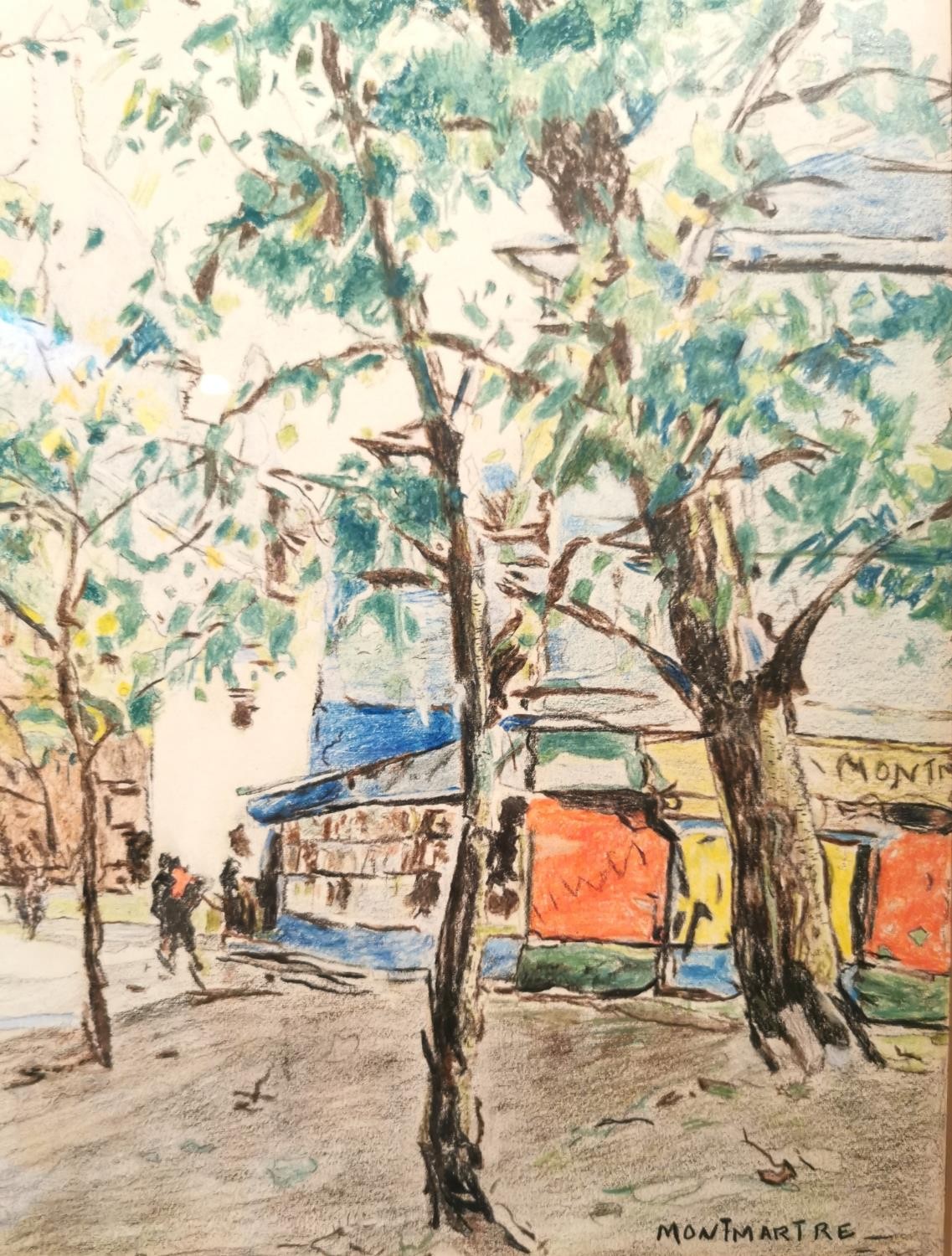 A framed and glazed 20th century coloured pencil sketch of Montmartre street scene with figures. - Image 5 of 9