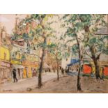 A framed and glazed 20th century coloured pencil sketch of Montmartre street scene with figures.
