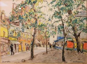 A framed and glazed 20th century coloured pencil sketch of Montmartre street scene with figures.