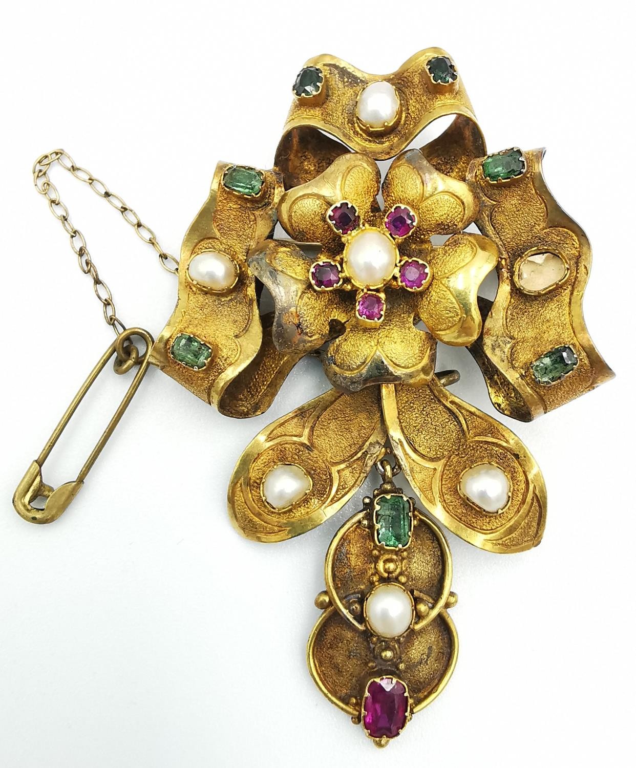 A 19th century yellow metal (tests as gold) sculptural floral design articulated brooch, set with - Image 2 of 6