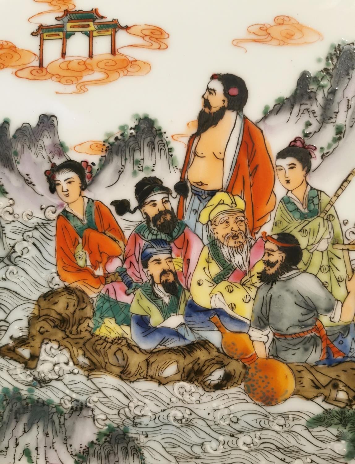 A framed 19th century Chinese hand painted porcelain plaque depicting the eight immortals in a - Image 3 of 6