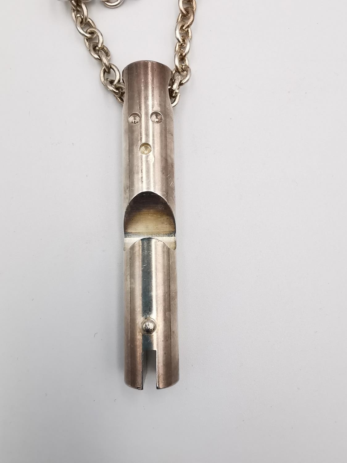 A white metal (tested as silver) brutalist style cylindrical pendant and oval link chain. - Image 2 of 5