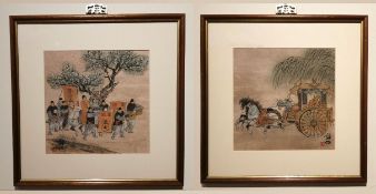 Two 20th century Japanese ink paintings on paper. One of a procession with dignitary on horse back