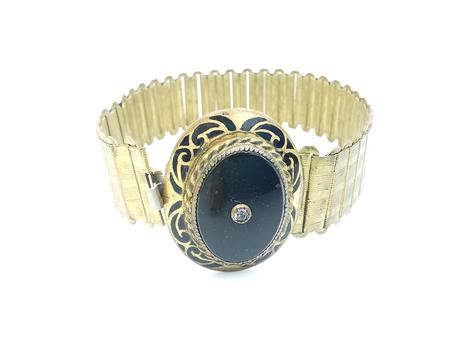 A rolled gold and black enamel Mourning bracelet along with a pair of 9ct and rolled gold screw back - Image 4 of 5