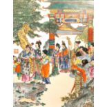 A framed 19th century Chinese hand painted porcelain plaque depicting a scene of the Dream of Red