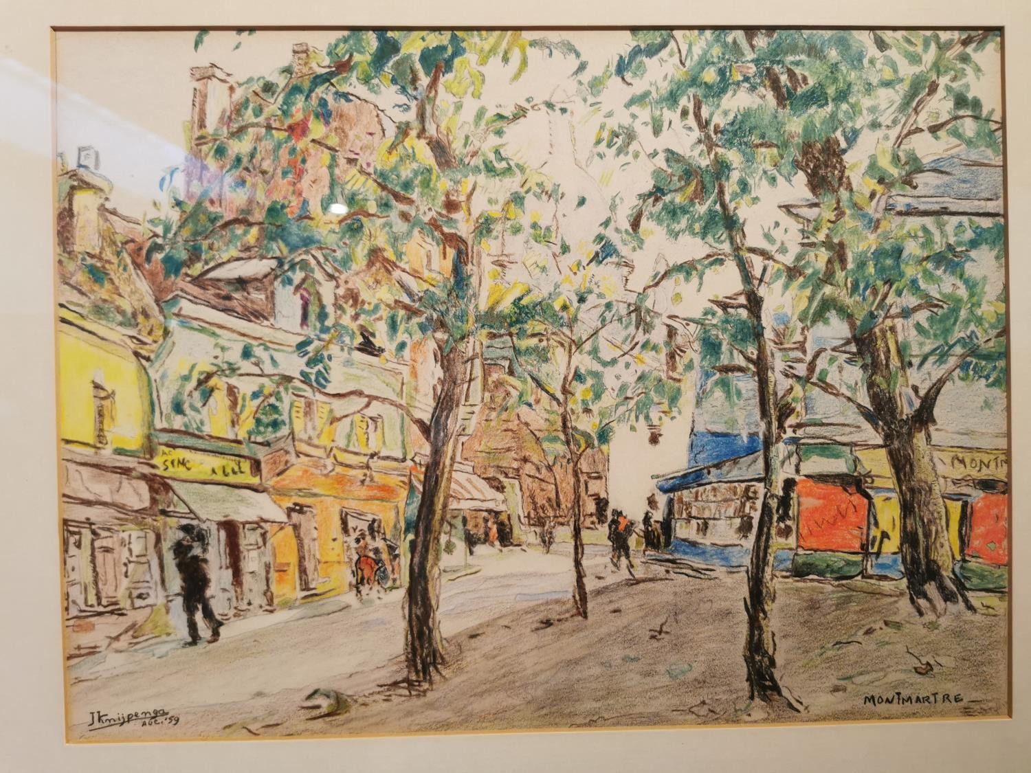 A framed and glazed 20th century coloured pencil sketch of Montmartre street scene with figures. - Image 2 of 9