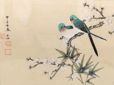 An early 20th century framed and glazed Japanese gouache on silk of two long tailed birds in a