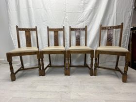 Dining chairs, mid century oak with faux leather drop in seats. H.88cm.