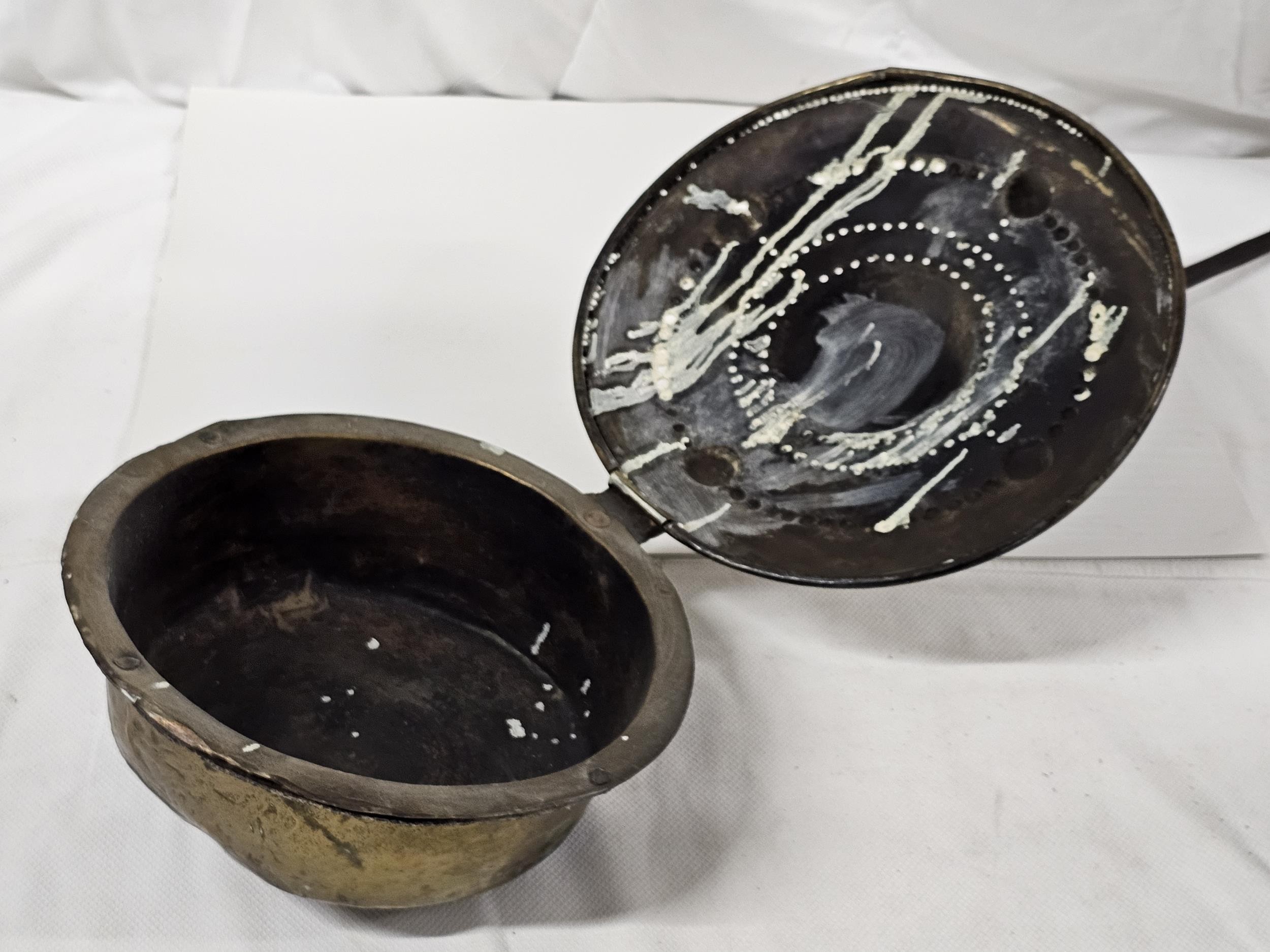 A 19th century brass chestnut roasting pan with boss detailing. L.100cm. - Image 3 of 3