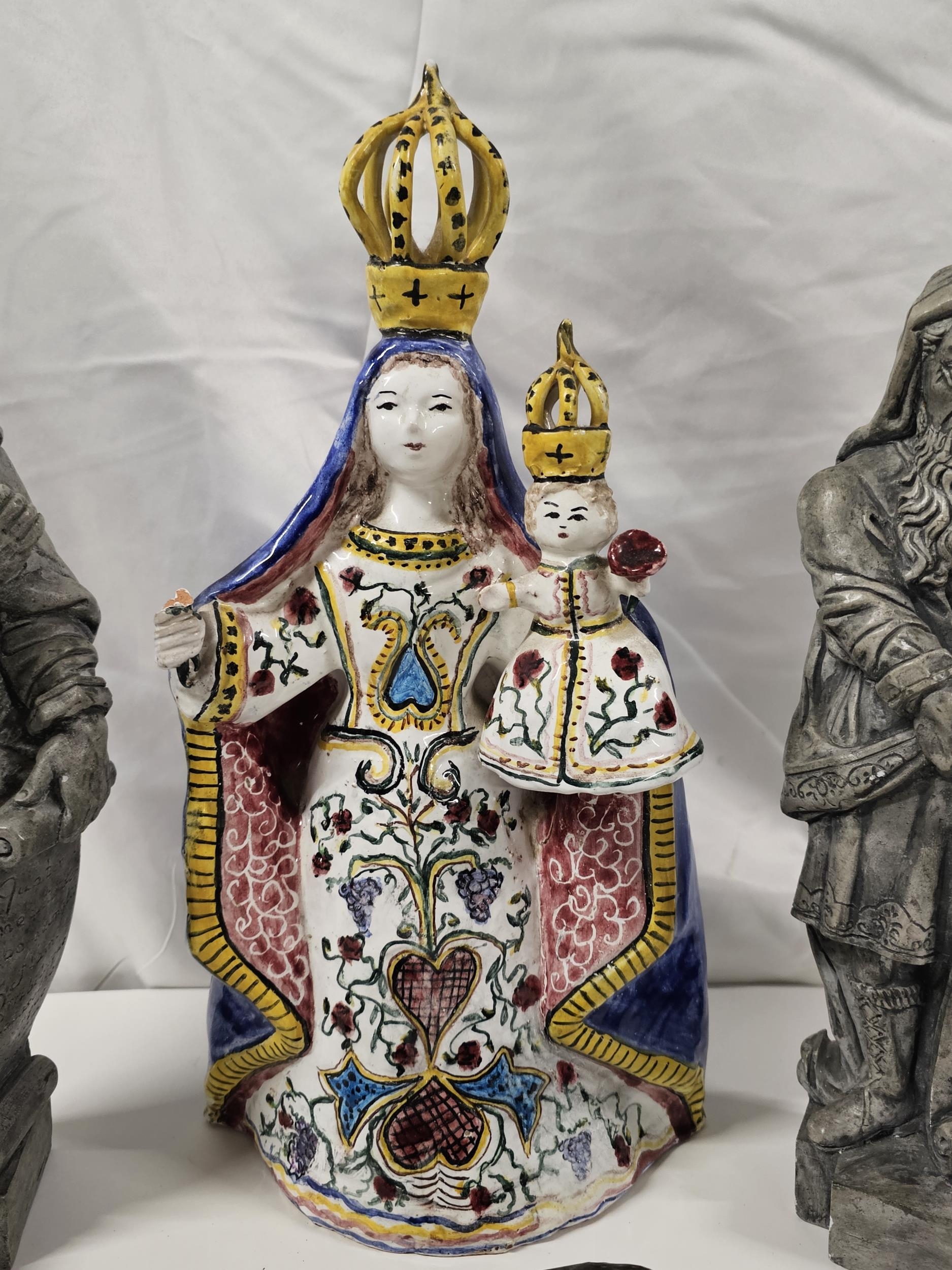 A hand painted Portuguese majolica figure of the Virgin Mary and Christ, along with a pair of - Image 3 of 6