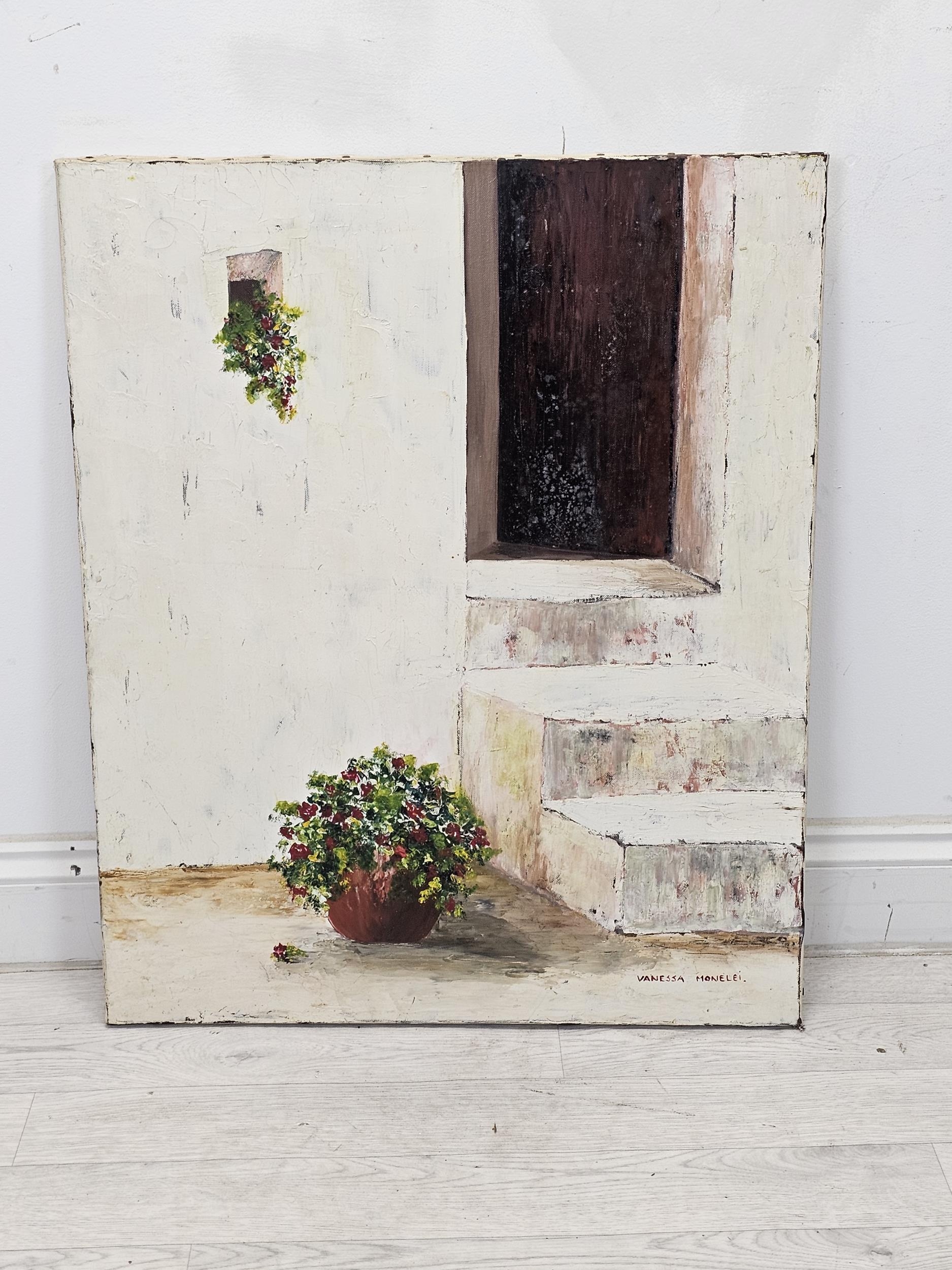 A framed oil on canvas of a white plaster door way. Signed Vanessa Monelei. H.74 W.60cm. - Image 2 of 6