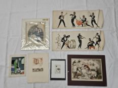 A collection of unframed prints, including an Art Deco print by Ettore Tito of a lady in the