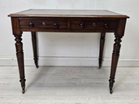 Writing table, early Victorian mahogany with tooled leather inset top raised on inverted tulip