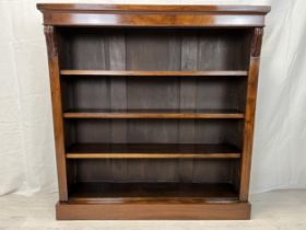 Dwarf open bookcase, mid 19th century figured walnut. H.100 W.91 D.33.5cm.