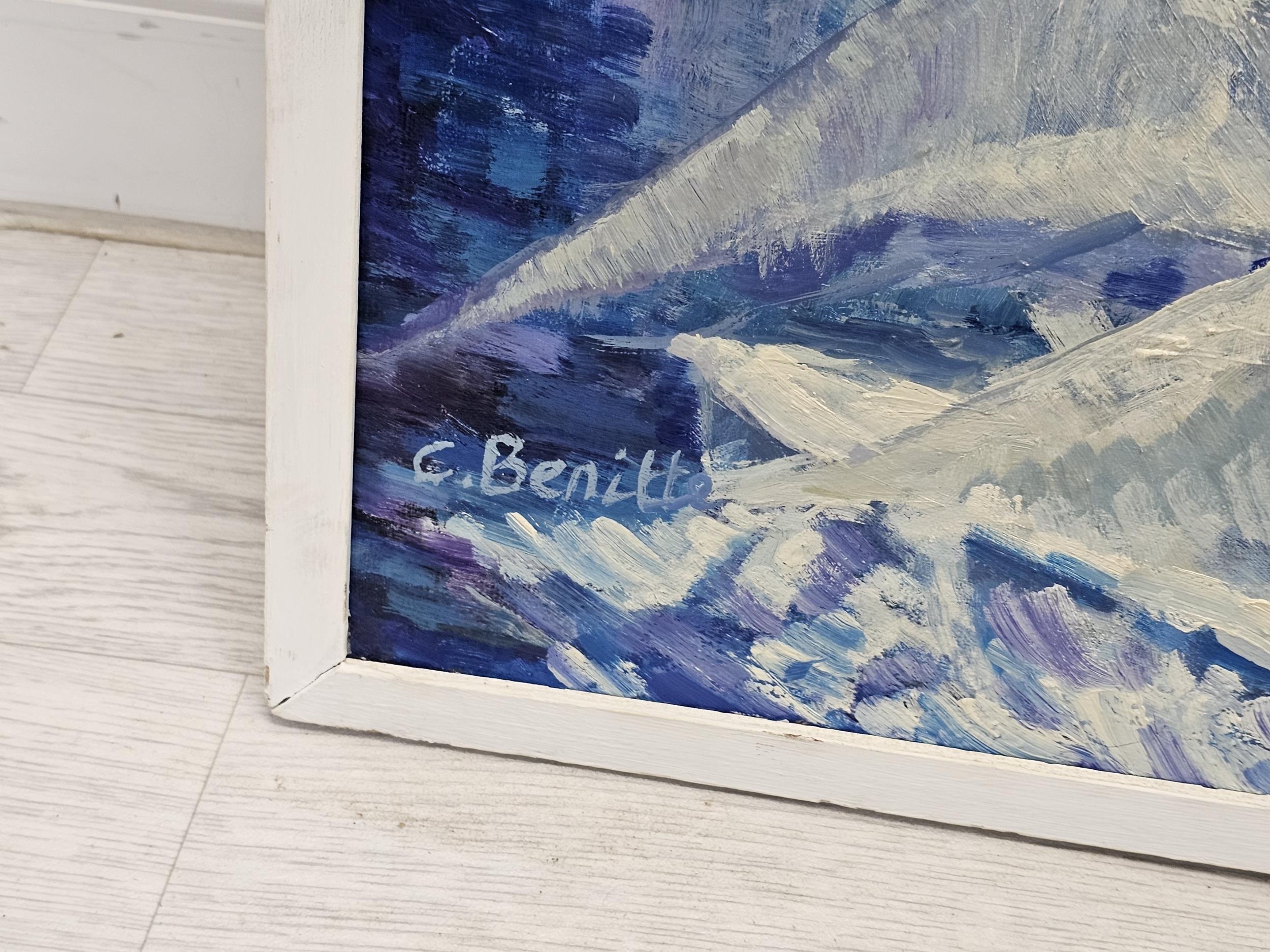 Celeste Benitte (French). Oil on canvas. An large abstract seascape with a yacht and seagulls. - Image 3 of 5
