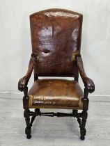 Armchair, 19th century Continental walnut in tan leather upholstery. H.128 W.59 D.76cm.