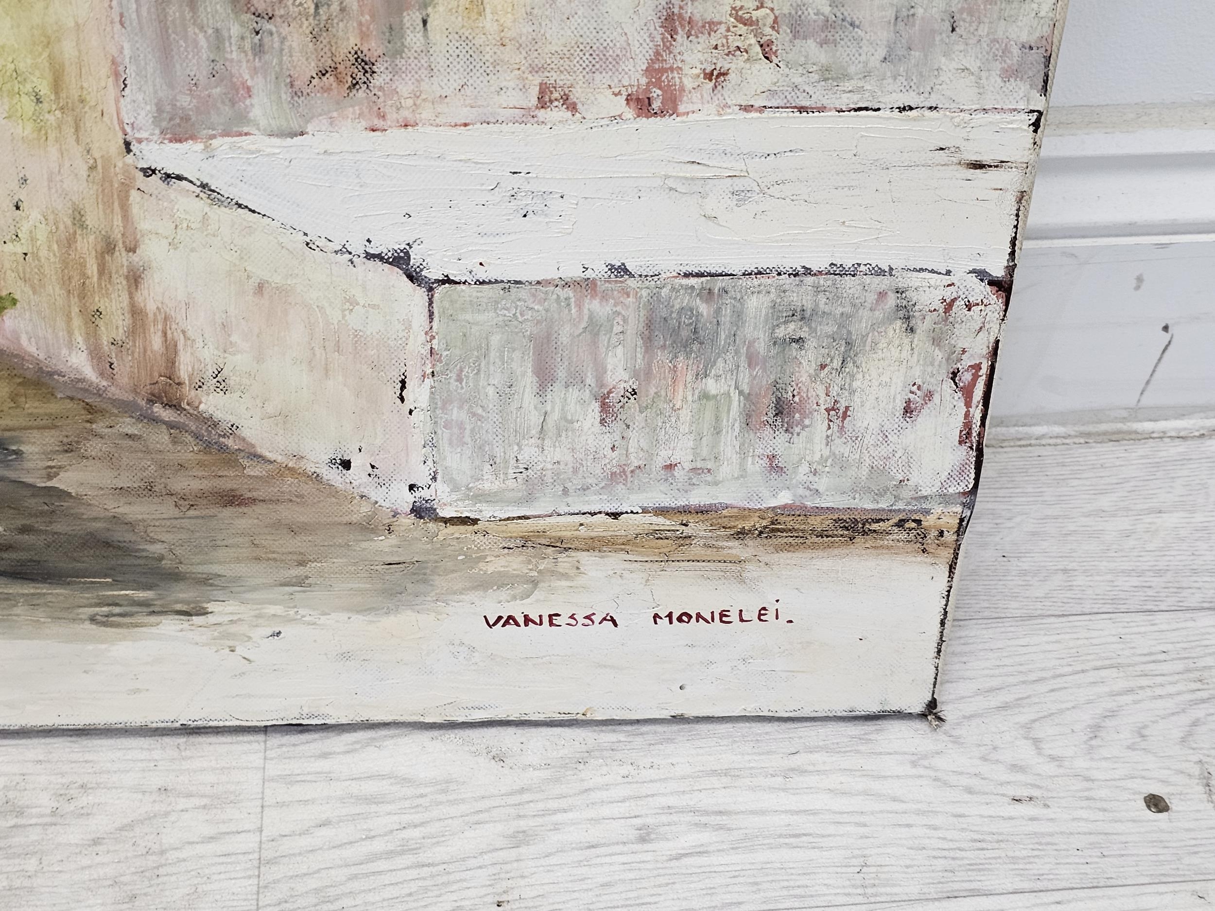 A framed oil on canvas of a white plaster door way. Signed Vanessa Monelei. H.74 W.60cm. - Image 3 of 6