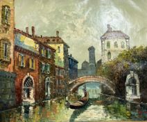 An oil painting on canvas of a Venice canal in the style of the Impressionists. Signed