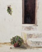 A framed oil on canvas of a white plaster door way. Signed Vanessa Monelei. H.74 W.60cm.