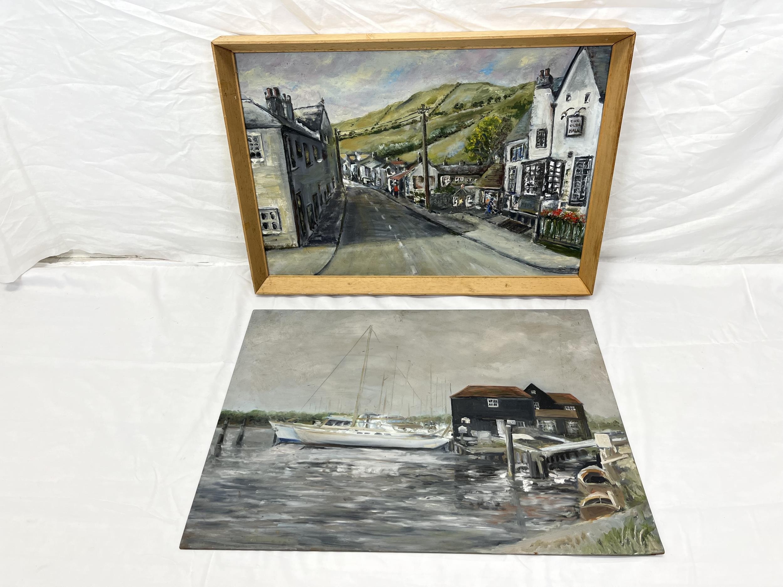 Two oil paintings on board. Largest framed H.59.5 W.42cm.