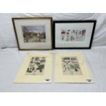 A pair of unframed botanical prints along with two framed and glazed numbered etchings. H.35 W.48.