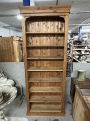 Open bookcase, full height 19th century style pine. H.259 W.97 D.32cm.